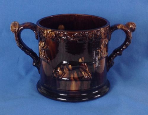 fig 1. Large Staffordshire Treacle Glaze 2 Frog Mug Loving Cup Rockingham Style
