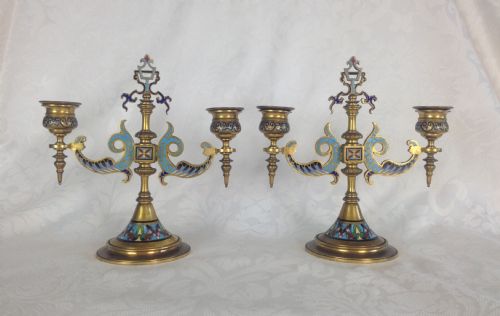 Fine Pair 19thc French Gilt Bronze Champleve Enamel Candelabra Candlesticks Turkish Style Ormolu