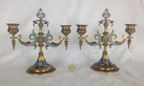 fig 1. Fine Pair 19thC French Gilt Bronze Champleve Enamel Candelabra Candlesticks Turkish Style Ormolu