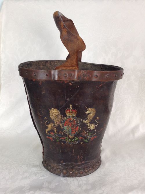 Antique 19thc Leather Riveted Fire Bucket Royal Coat of Arms Copper Rim