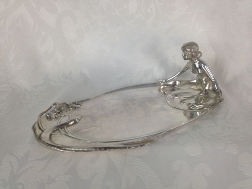 Art Nouveau Wmf Silver Britannia Plate Card Tray Lady in Lake with Snake Model 249