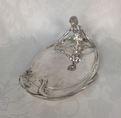 fig 1. Art Nouveau WMF Silver Britannia Plate Card Tray Lady In Lake With Snake Model 249