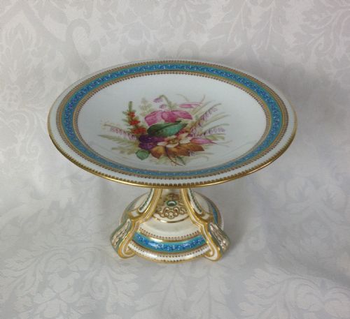 Ornate Victorian Royal Worcester 10" Comport Autumn Flowers 1874 Turquoise Beading