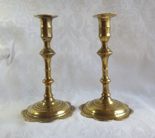 fig 1. Pair Early 18th Century Seamed Brass Petal Base Candlesticks Multi Knopped Stems George II