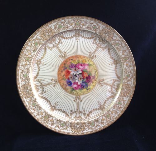 Royal Worcester 10 1/2" Jewelled Cabinet Plate E. Philips 1925 Retailers Cowell & Hubbard Flowers