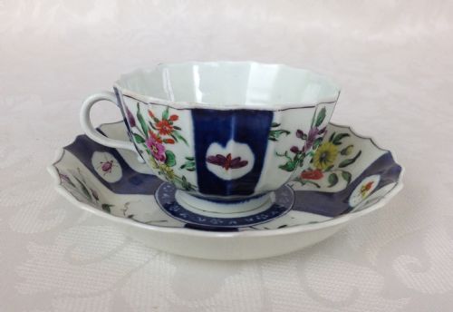 fig 1. Rare Worcester Dr Wall Period Fluted Cup & Saucer Gros Bleu Insects & Flowers c.1770 Japanese Pattern