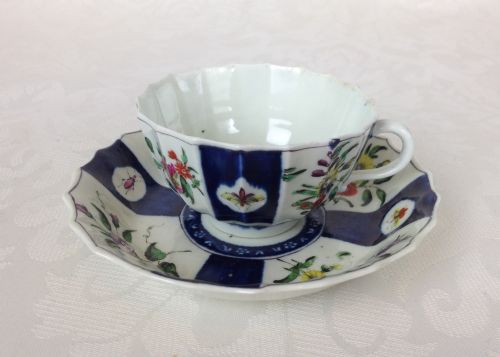 fig 2. Rare Worcester Dr Wall Period Fluted Cup & Saucer Gros Bleu Insects & Flowers c.1770 Japanese Pattern