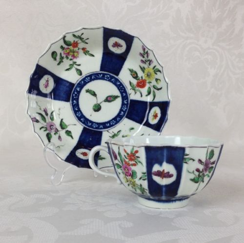 Rare Worcester Dr Wall Period Fluted Cup & Saucer Gros Bleu Insects & Flowers C.1770 Japanese Pattern