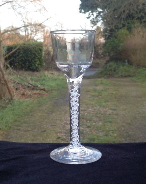 18th Century Georgian Multiple Opaque Air Twist Stem Wine Cordial Glass Fluted Ogee Bowl C.1760