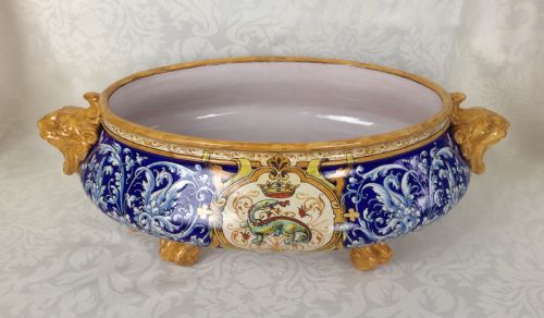 fig 1. 19th Century c.1860 French Faience Ulysses Blois (Besnard) Jardiniere Francois I Salamander Dragons & Lions