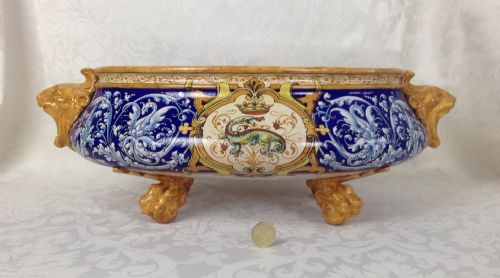 fig 2. 19th Century c.1860 French Faience Ulysses Blois (Besnard) Jardiniere Francois I Salamander Dragons & Lions