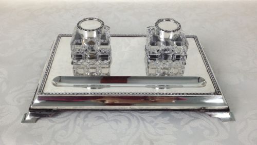 Solid Silver Desk Inkstand Cut Glass Inkwells London 1919 Frederik Haberling