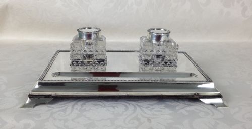 fig 1. Solid Silver Desk Inkstand Cut Glass Inkwells London 1919 Frederik Haberling