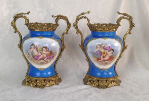 Pair Large 19thc French Sevres Style Ormolu Mounted Porcelain Vases Celeste Bleu Painted Putti & Flowers