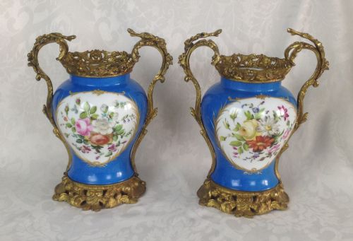 fig 1. Pair Large 19thC French Sevres Style Ormolu Mounted Porcelain Vases Celeste Bleu Painted Putti & Flowers