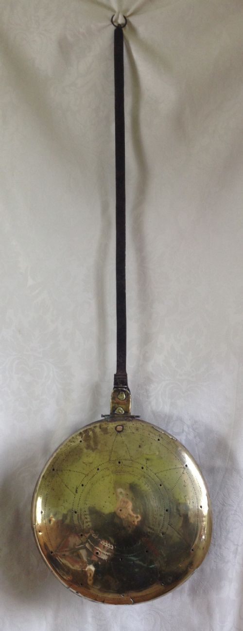 17th Century Punch Decorated Brass Warming Pan Cast Iron Handle
