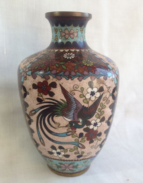 Meiji Japanese 6" Cloisonne Vase 4 Panels with Goldstone & Hoo-oo Bird Salmon Lemon Ground