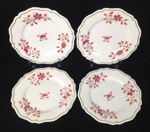 Set 4 Worcester Flight Barr & Barr 10.5" Dinner Plates Gadrooned Edge Pink & Red Flowers C.1820