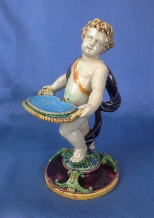 Victorian Minton Majolica Cherub Putti Visiting Card Holder Tray Figure
