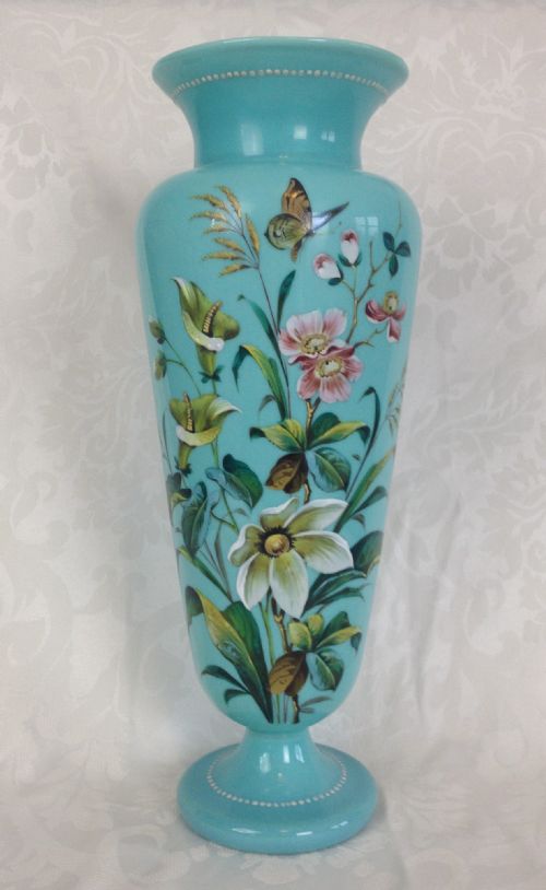 Stunning Large 15" C19th Bohemian Turquoise Opaline Glass Vase Possibly Harrach Enamels Flowers Butterflies