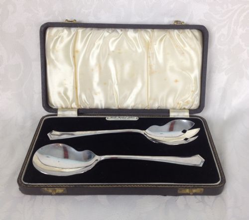 Art Deco Solid Silver Salad Servers Cased Sheffield Hallmarked 1939