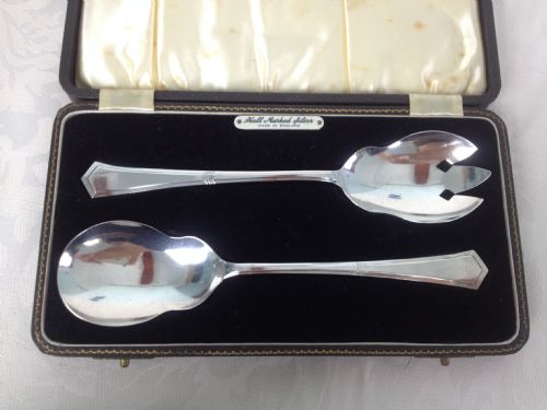 fig 1. Art Deco Solid Silver Salad Servers Cased Sheffield Hallmarked 1939