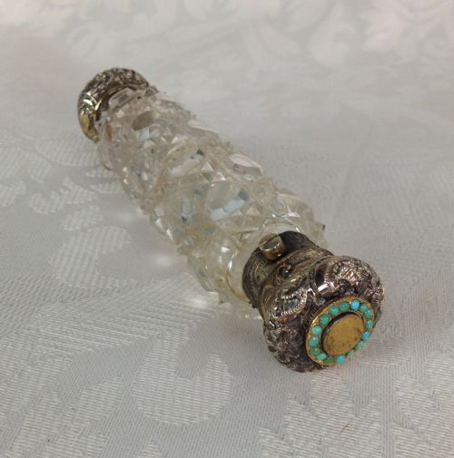Stunning Double End Turquoise Cabochons Silver Gilt Hobnail Cut Glass Scent Smelling Salts Bottle C.1880