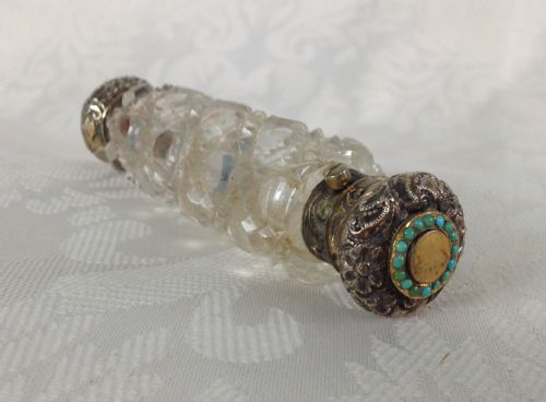 fig 1. Stunning Double End Turquoise Cabochons Silver Gilt Hobnail Cut Glass Scent Smelling Salts Bottle c.1880