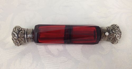 Victorian Ruby Glass Unusual Triangular Facet Cut Double End Perfume Scent Bottle Engraved Silver Caps C.1880