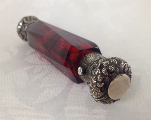 fig 1. Victorian Ruby Glass Unusual Triangular Facet Cut Double End Perfume Scent Bottle Engraved Silver Caps c.1880
