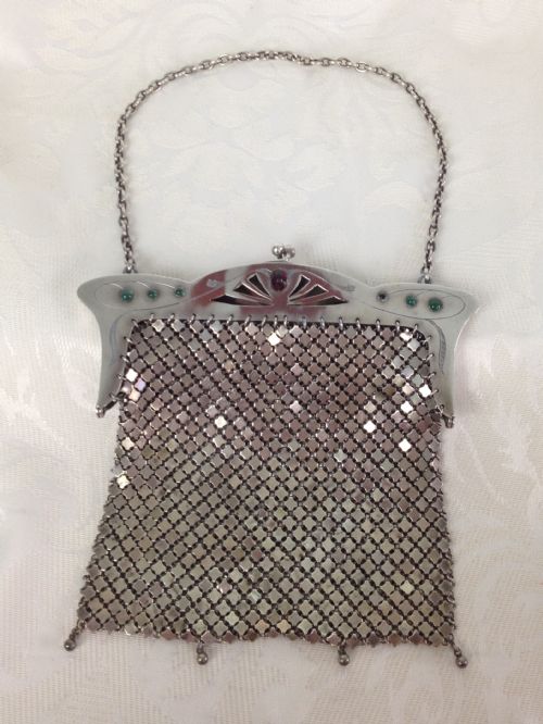 Super Stylish Art Deco 1920s 900 German Silver Mesh Bag Purse Set with Green & Red Cabochons
