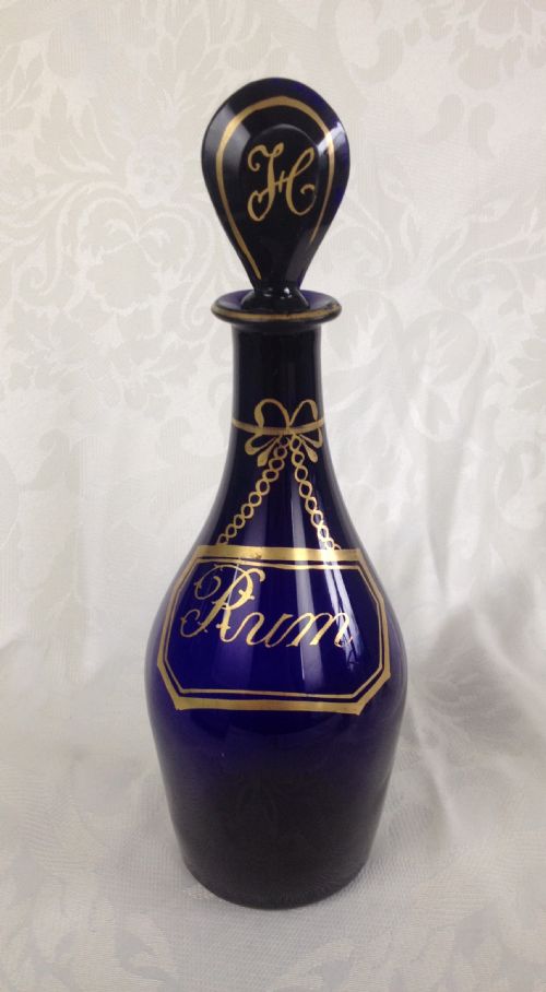 fig 1. Lovely Georgian Bristol Blue Glass Club Decanter Gilded Spirit Label Rum c.1825 George III