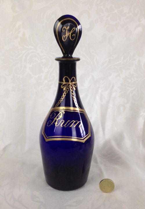 fig 2. Lovely Georgian Bristol Blue Glass Club Decanter Gilded Spirit Label Rum c.1825 George III
