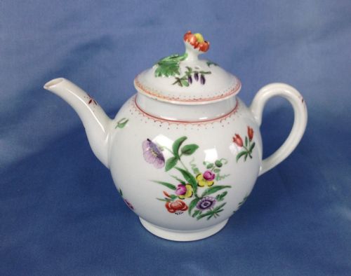 fig 1. Early First Period Worcester Globular Tea Pot Coloured Enamels Floral Pattern Flower Knop c.1770