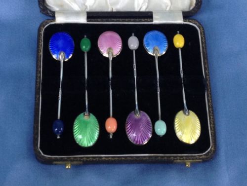 Set of 6 Art Deco Silver & Basse Taille Enamel Coffee Spoons Rainbow Colours Coffee Bean Handles Teaspoons