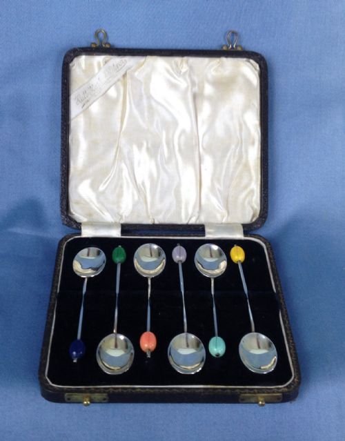 fig 1. Set Of 6 Art Deco Silver & Basse Taille Enamel Coffee Spoons Rainbow Colours Coffee Bean Handles Teaspoons