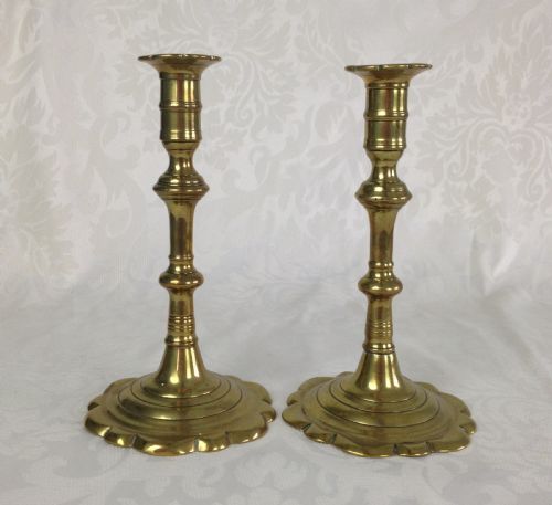 Mid 18th Century Pair of Cast Brass Candlesticks Multi Knopped Stem Petal Base & Sconce Georgian