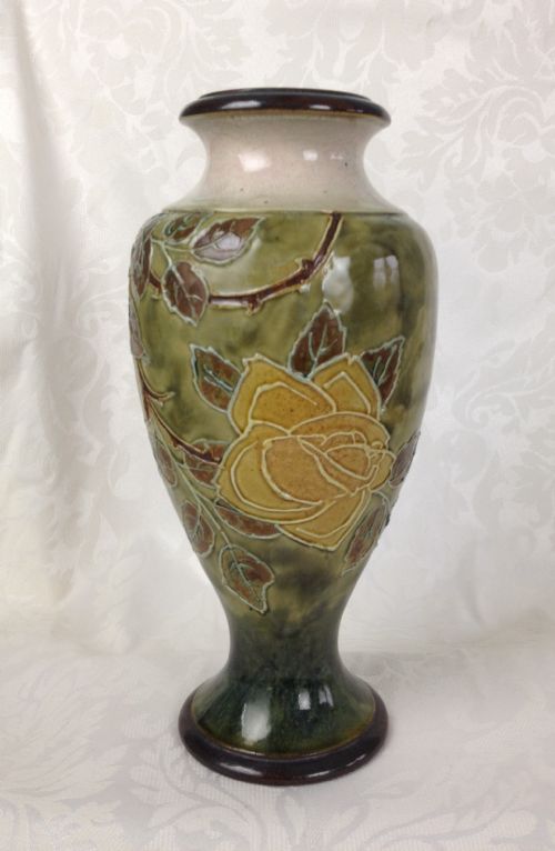 Large 11" Royal Doulton Art Nouveau Vase Florrie Jones Roses Slip Trailed Yellow 1902-1922 Mark