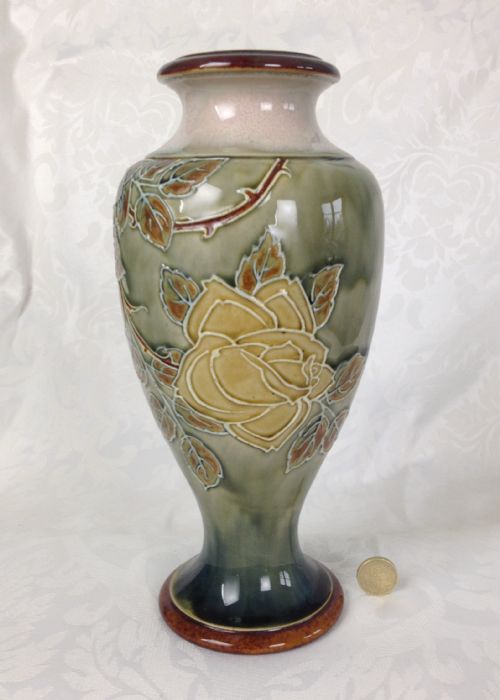 Large 11" Royal Doulton Art Nouveau Vase Florrie Jones Roses Slip Trailed Yellow 1902-1922 Mark