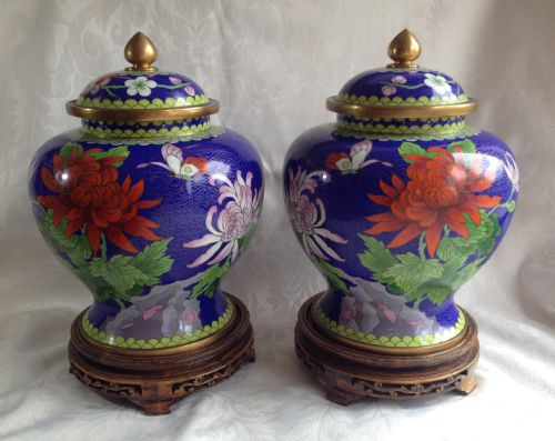 Large Mirror Pair of Chinese Cloisonne Vases C.1900 Chrysanthemums Wooden Bases Blue Ground