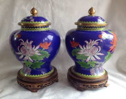 fig 1. Large Mirror Pair Of Chinese Cloisonne Vases c.1900 Chrysanthemums Wooden Bases Blue Ground