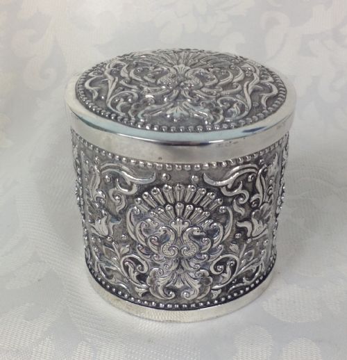 Art Deco Yogya Colonial Silver Tea Caddy Repousse Decoration Javanese Lidded Tobacco Pot Box Jar Peacocks