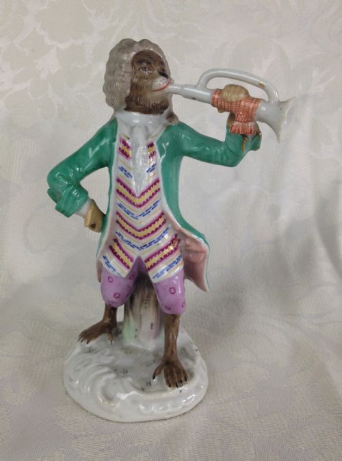 Charming Late C19th German Carl Schneider Volkstedt Monkey Band Figure Trumpeter Figurine After Meissen Player
