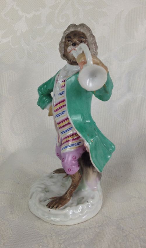 fig 1. Charming Late C19th German Carl Schneider Volkstedt Monkey Band Figure Trumpeter Figurine After Meissen Player