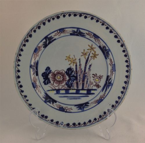 Pretty Mid C18th Polychrome English Delft 9" Plate Oriental Pattern Manganese Purple Blue Ground C.1750