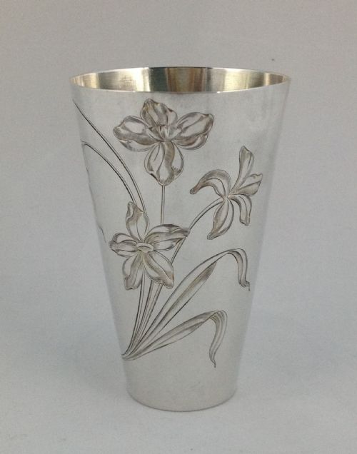 Russian Silver Beaker Art Nouveau Moscow 1899-1908 Maker Al Vodka Kiddush Cup Engraved Flowers