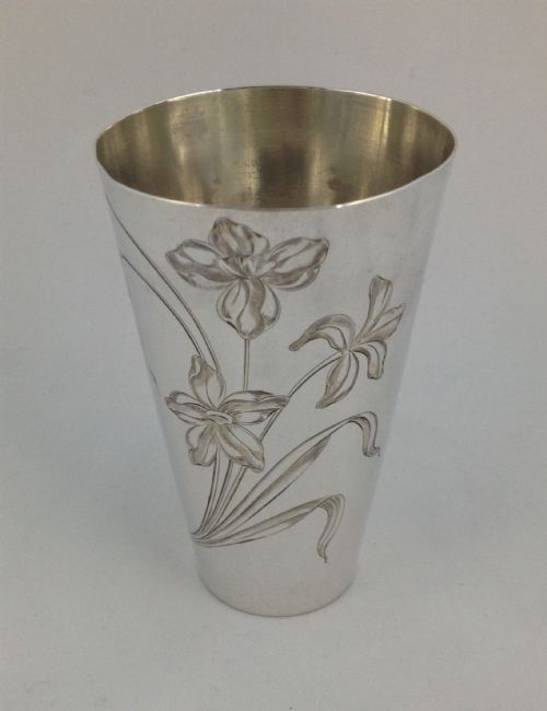 fig 1. Russian Silver Beaker Art Nouveau Moscow 1899-1908 Maker AL Vodka Kiddush Cup Engraved Flowers