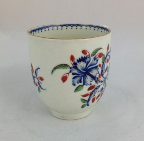 fig 1. Early First Period Worcester Coffee Cup Underglaze Blue & Polychrome Enamel Floral Decoration c.1765 W Mark