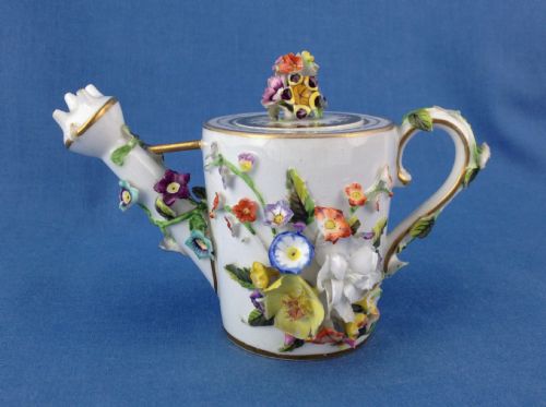 Unusual Bloor Derby Miniature Watering Can Novelty Teapot Encrusted Flowers C.1830 Porcelain