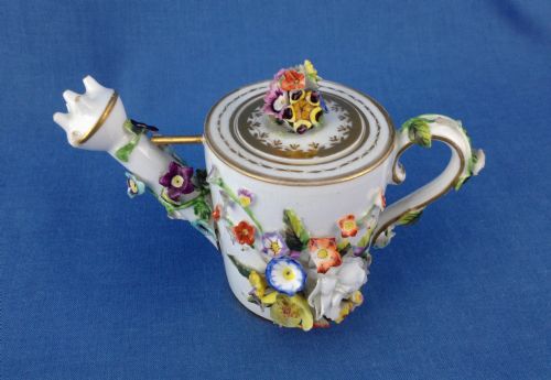 fig 1. Unusual Bloor Derby Miniature Watering Can Novelty Teapot Encrusted Flowers c.1830 Porcelain